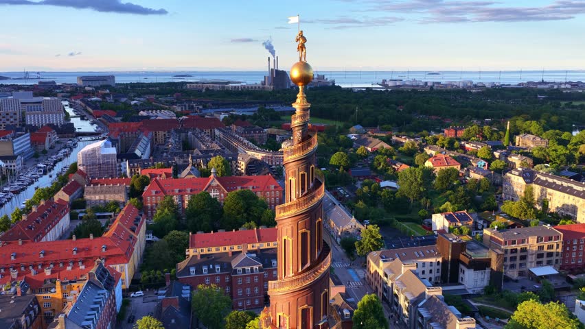aerial view of Copenhagen famous church of Our Saviour, historic district of downtown Copenhagen, capital of Denmark, Danish capital drone shot. High quality 4k footage