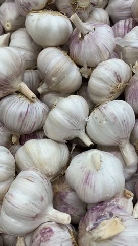 Close-up of fresh garlic bulbs with purple streaks, ideal for culinary-themed background video