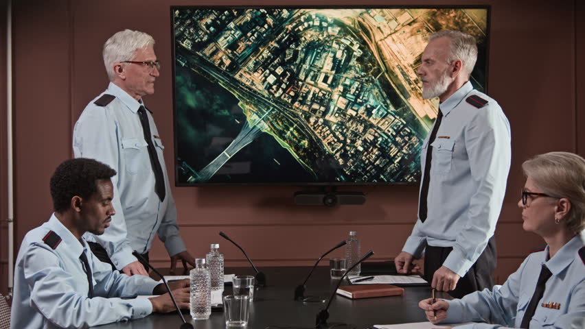 Stab shot of mature Caucasian male officers in uniform shaking hands over table while having military conference with colleagues, operational map in background