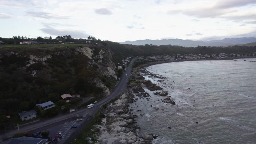 Aerial view following RV on the Esplanade of the Kaikoura town in New Zealand