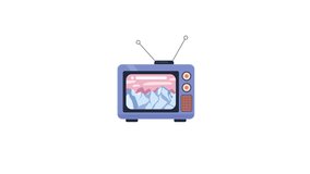 Retro TV broadcasting snowy mountain landscape 2D cartoon object animation. Vintage television presents snowcapped glaciers. Nostalgia revival animated flat colorful item 4K video isolated on white - Powered by Shutterstock - Get 15% off with code: PIKWIZARD15