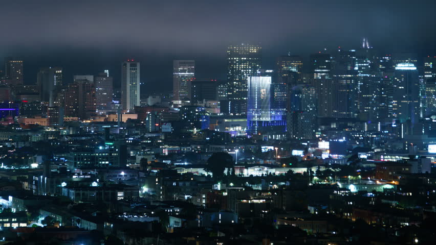 San Francisco Downtown Skyline from Bernal Heights Night Time Lapse Pan L California USA