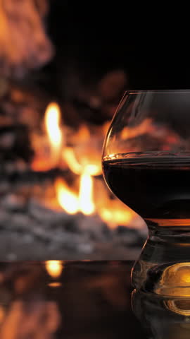Glass with whiskey or cognac. Burning Fire In The Fireplace. Warmth and home comfort, vertical footage