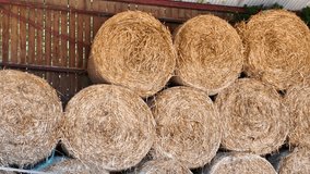 Stacked round hay bales stored in barn with wooden storage area in rural farmyard. - Powered by Shutterstock - Get 15% off with code: PIKWIZARD15