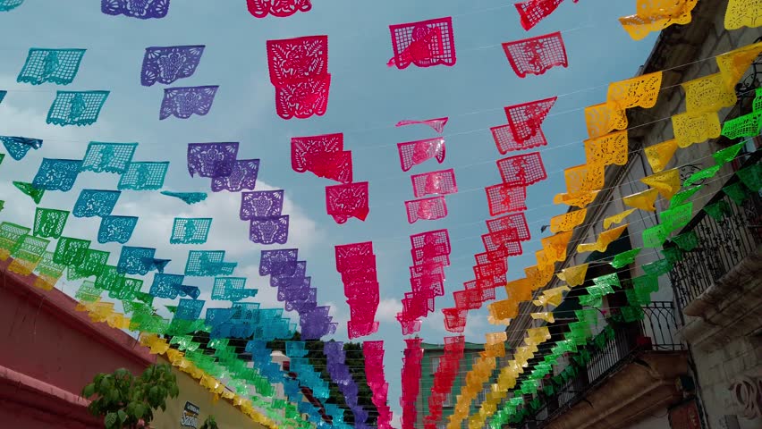 Mexican Festival Decorations: Colorful Cut Paper Flags Overhead
