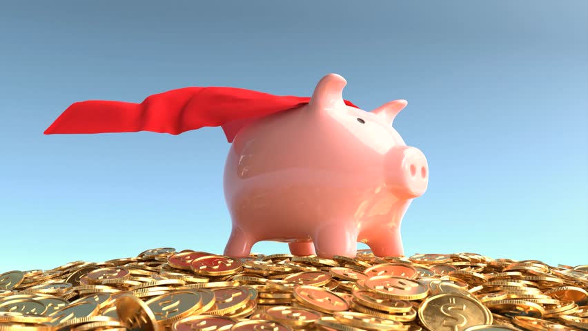 Money saving concept with a superhero piggy bank.