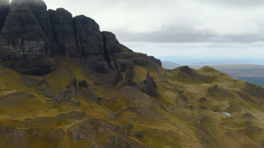 Breathtaking aerial perspective of the Old Man of Storr, a geological marvel on the Isle of Skye, Scotland