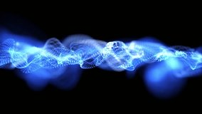 Flowing blue particles create a dynamic wave pattern on a dark background. A futuristic digital animation ideal for tech, data, or abstract backgrounds and presentations. Seamless loop - Powered by Shutterstock - Get 15% off with code: PIKWIZARD15