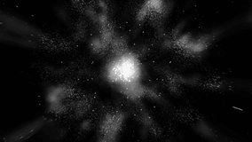 Dynamic black and white explosion of particles creating a cosmic, dramatic visual effect. Perfect for space themes, abstract backgrounds, or sci-fi video projects. seamless loop - Powered by Shutterstock - Get 15% off with code: PIKWIZARD15