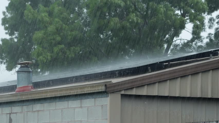 Garage Shed With Solar Panels In Heavy Rain Storm Bad Weather, Daytime, Maffra, Gippsland, Victoria, Australia