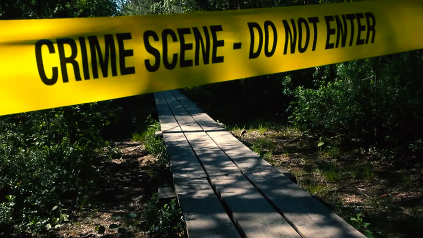 Yellow vibrant colored police Crime Scene Do Not Enter tape pulled over and in front of a wooden boardwalk in a forest marshland bog or wetlands during a sunny day with trees and bushes on the sides.