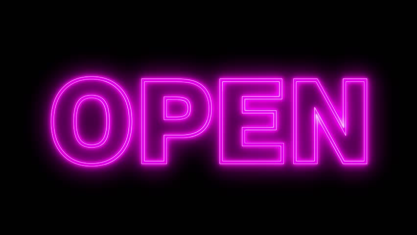 Open neon sign. Neon sign open. Open logo animation.	