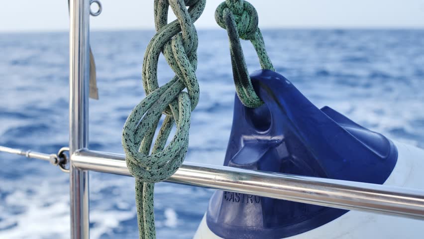 Tightly knotted rope and fender sway against deep blue sea while sailing