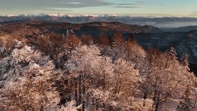 Aerial view of snow covered trees and mountains with warm sunlight creating contrast with the cool snow, Hriňová, Banská Bystrica Region, Slovakia. - Powered by Shutterstock - Get 15% off with code: PIKWIZARD15