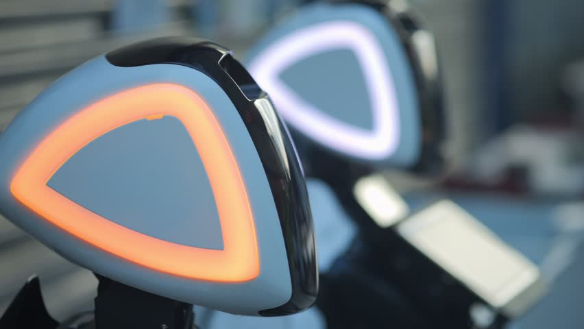 Robot Exhibition. Robot Assistant. Concept of interaction between robot and human. 4K