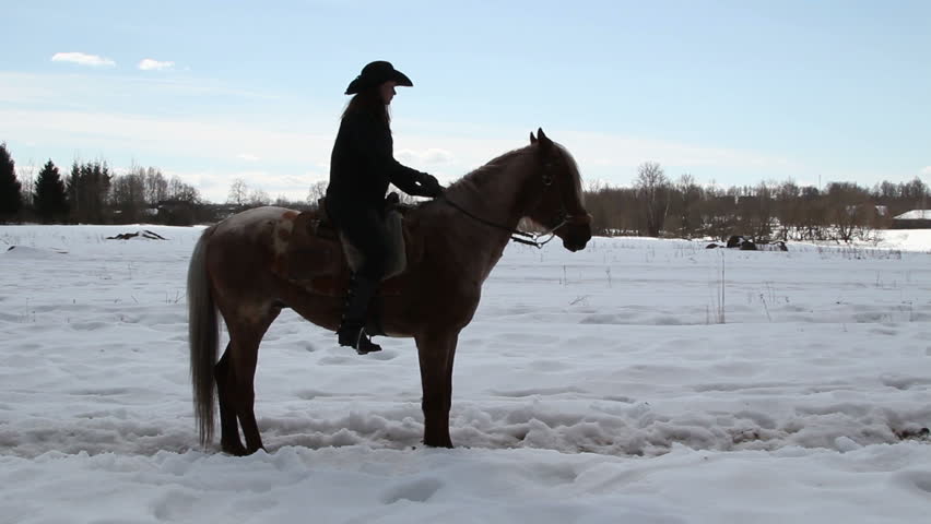 Girl cowboy on a horse - a step backwards and gallop