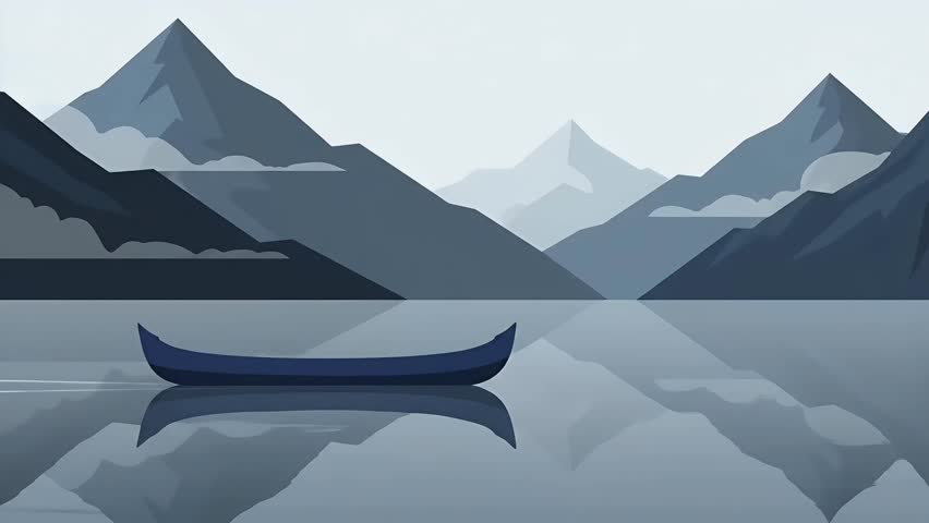 A minimalist illustration of a blue canoe on a calm lake. The water reflects the majestic mountains and the quiet, overcast sky, creating a serene and tranquil scene.