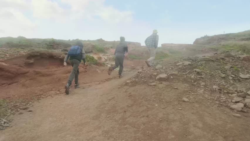 Three hikers, Two happy young children, boys 10-12 years old hiking on challenging, Family adventure, group trekking through dense, forest, Backpacking through wilderness, exploring nature