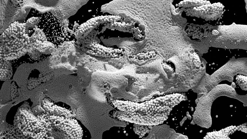 A surreal 3D texture of densely packed particle spheres forming abstract foam-like structures. The image resembles organic formations, generated with intricate digital design in black and white tones