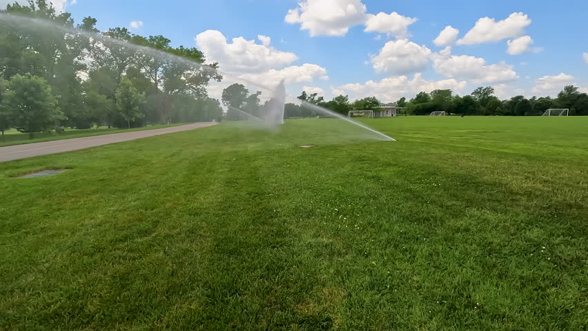 Sprinklers water grassy sports field at Forest Park in St. Louis, Missouri, USA. City park located in the heart of the city. Slow motion views, moving closer to the spraying water.