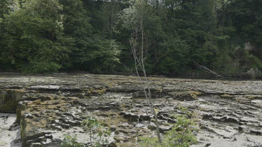 dried up Upper Aysgarth falls on a sunny morning