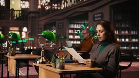 Mature woman reviewing data in a public library under a green lamp, deeply focused on studying and reading documents, pursuing senior education and expanding qualifications. Camera A. - Powered by Shutterstock - Get 15% off with code: PIKWIZARD15
