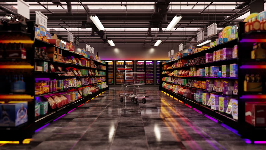 Supermarket aisle with empty red shopping cart. 4k 3d animation