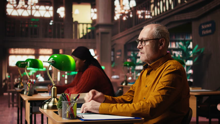 Elderly college student does inhale exhale exercise due to physical discomfort, having a respiratory problem in distress at the library desk. Aged man unwell in distress. Camera A.