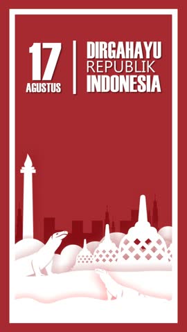 Vertical looping animation celebrating Indonesia’s Independence Day. Features Monas, Borobudur, Komodo dragons, and fighter jets in a minimalist red-white silhouette design.