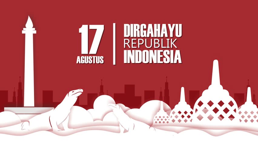 Looping 4K animation for Indonesia Independence Day. Features Borobudur, Monas, Komodo dragons, and fighter jets over a red backdrop. A patriotic tribute with flat modern design elements.