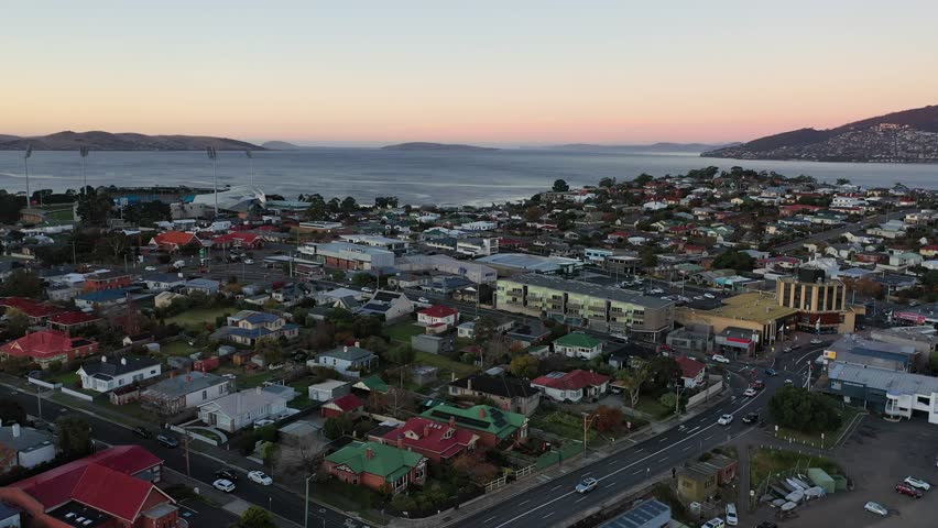 Sunrise over Kangaroo Bay, Bellerive, Tasmania, Australia Aerial Drone 4K