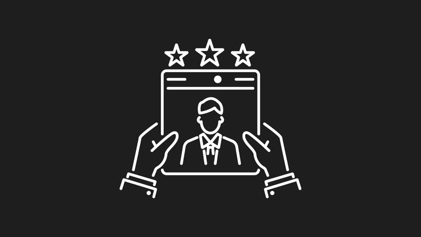 Reputation white line animation. Reputation animation of hands holding tablet with three star employee profile suitable for business presentations, HR training, and marketing videos.