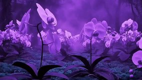 Immerse yourself in a surreal dreamscape of vibrant purple orchids blooming under a mystical fog, creating a tranquil and enchanting floral wonderland. - Powered by Shutterstock - Get 15% off with code: PIKWIZARD15