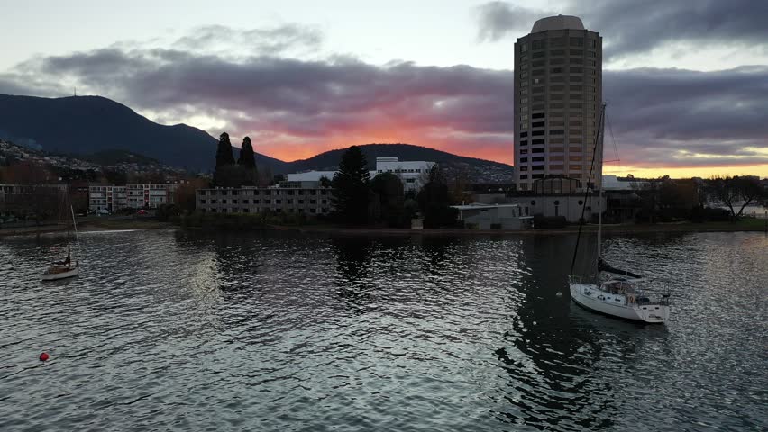 Sunrise over Hobart, Tasmania, Australia Aerial Drone 4K