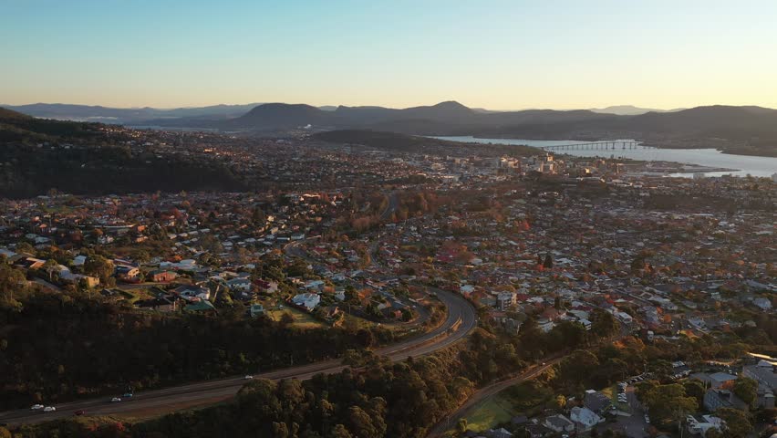 Sunrise over Hobart, Tasmania, Australia Aerial Drone 4K