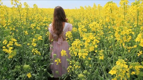 Young Woman in Vintage Dress Running through Yellow Field Touching Flowers HD Stockvideó