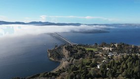 Fog Mist Clouds over River Derwent Hobart, Tasmania, Australia Aerial Drone 4K - Powered by Shutterstock - Get 15% off with code: PIKWIZARD15