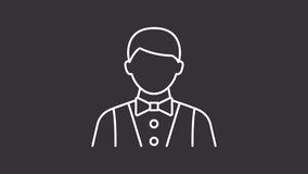 Waiter white line animation. Casino worker animated icon. Shaking head, nodding. Table croupier. Restaurant employee, hospitality. Isolated element on dark background. Alpha transparent video - Powered by Shutterstock - Get 15% off with code: PIKWIZARD15