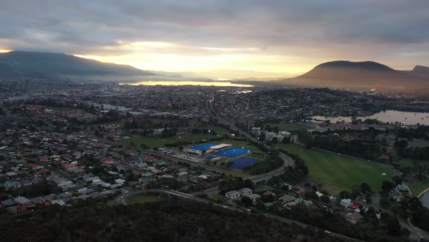 Sunset from Queens Domain, Hobart, Tasmania, Australia Aerial Drone 4K