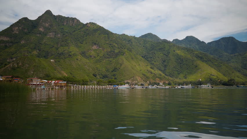 Taxi Boats at San Juan Dock, Beautiful Mountains in the Background, Sunny Day, Lake Atitlan, Guatemala