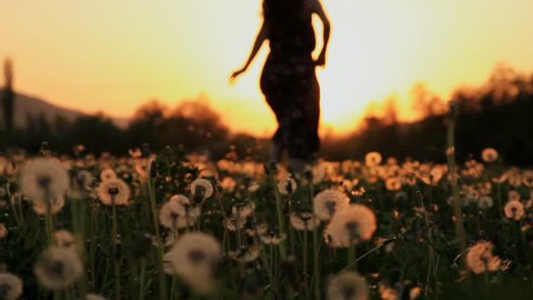 Beautiful Young Woman in a Hippy Dress Running Down a Dandelion Field at Sunset