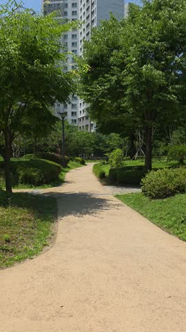 A summer POV shot walking along a tree-lined path in a Seocho district city park, with lush greenery and modern apartment buildings rising in the background under a clear sky.
