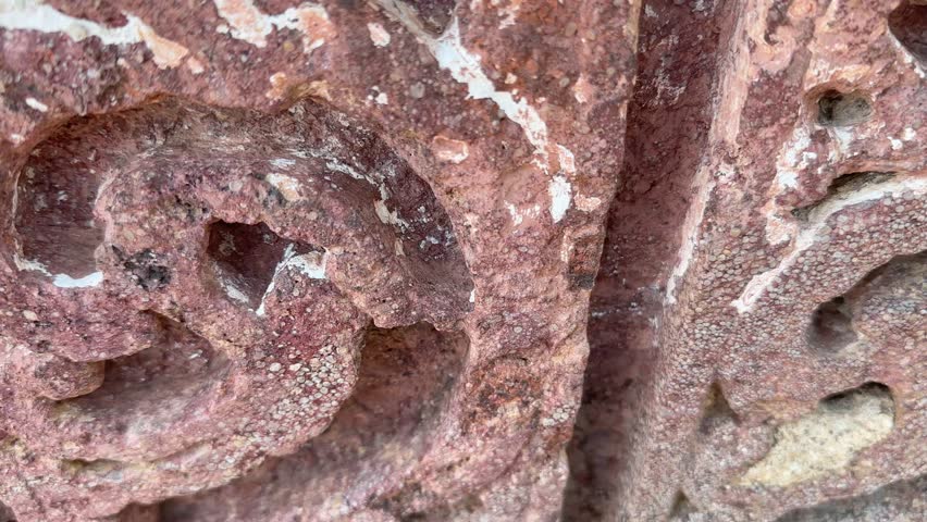 A cloesup of Stone carvings on indian ancient temple, it found on temple walls, pillars, and entrances, depict a wide array of subjects