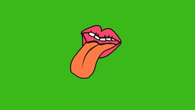 A playful, cartoon mouth with pink lips and white teeth sticks out a long, orange tongue on a vibrant green screen - Powered by Shutterstock - Get 15% off with code: PIKWIZARD15