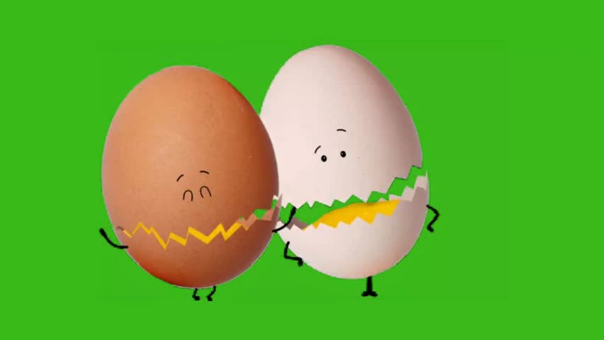 Two anthropomorphic eggs, one brown and one white and cracked, stand side-by-side with drawn faces on a vibrant green screen