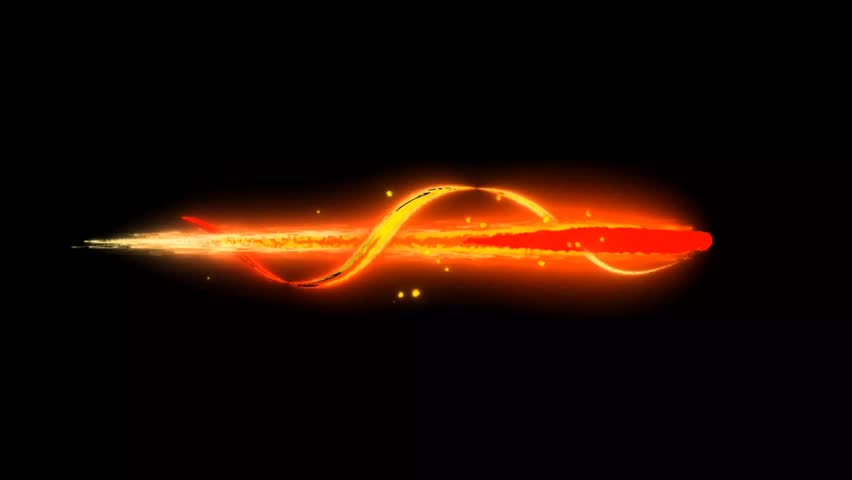 A fiery orange and red streak with glittering particles and swirling arcs blazes across a dark background, evoking speed and energy