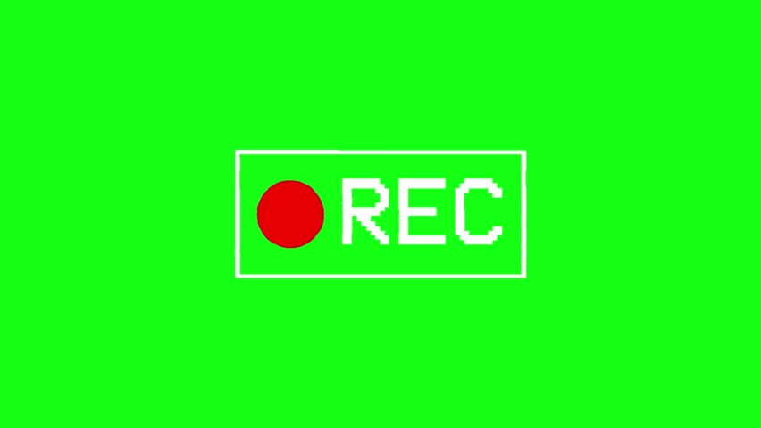 A seamless loop animation of a blinking 'REC' recording indicator with a retro pixel art style, reminiscent of a VHS camcorder overlay, isolated on a green screen for easy chroma keying. 