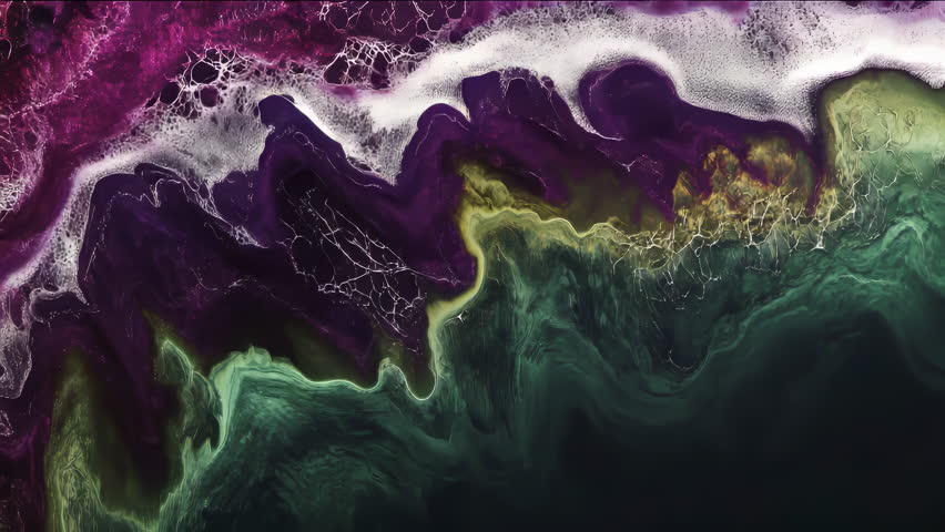 This captivating fluid abstract art showcases vibrant purple, green, and luxurious gold hues blending beautifully