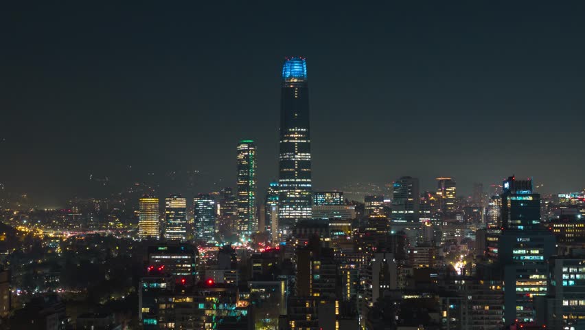 Aerial panning landscape of famous Costanera Skyscraper, and downtown of South American chilean Capital, Santiago de chile cityscape