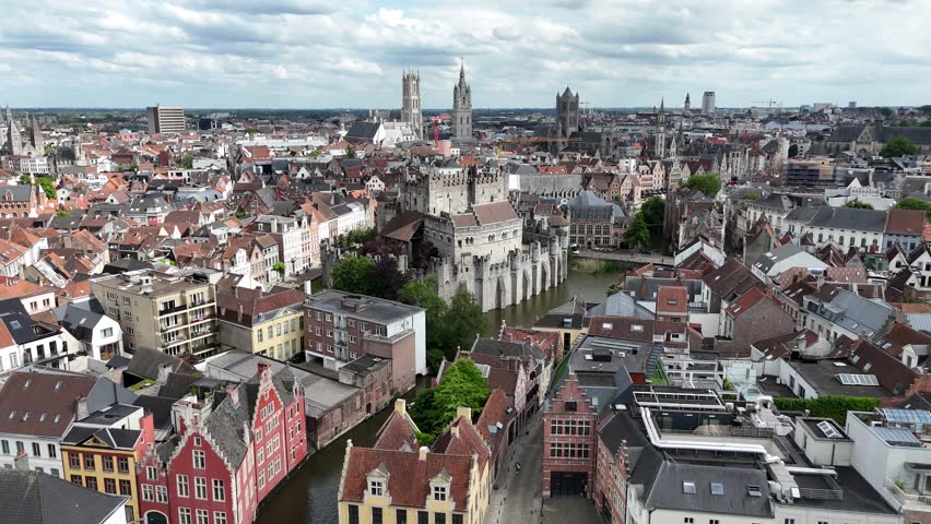 Gravensteen, Medieval castle Ghent Belgium drone,aerial